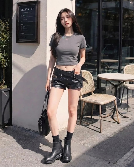 Human Plan Neck Letter Fitted Crop Tee Grey