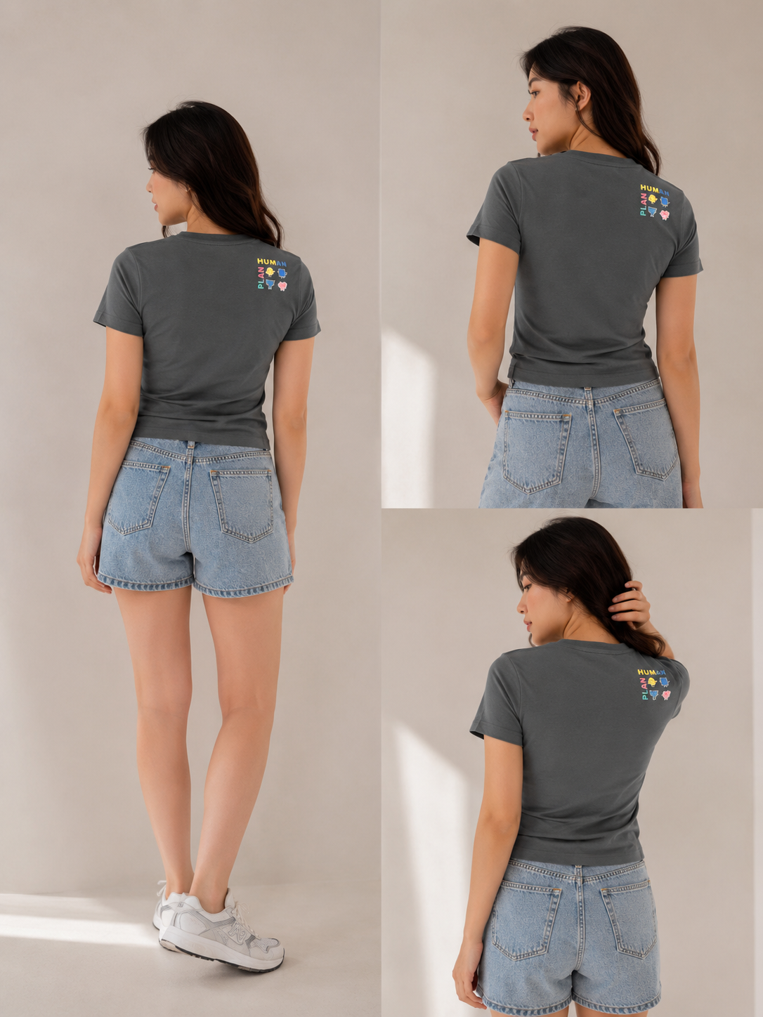 Human Plan Neck Letter Fitted Crop Tee Grey