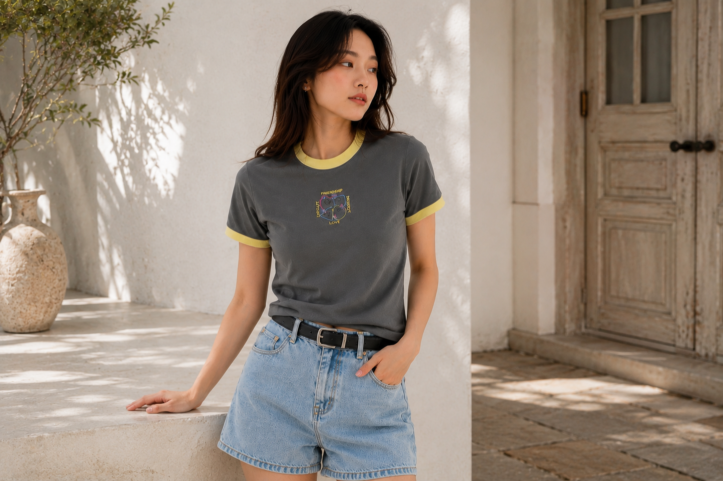 Human Plan Friendship Chest Fitted Crop Tee Grey Yellow