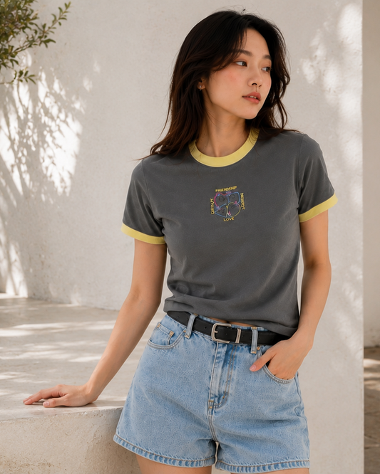 Human Plan Friendship Chest Fitted Crop Tee Grey Yellow