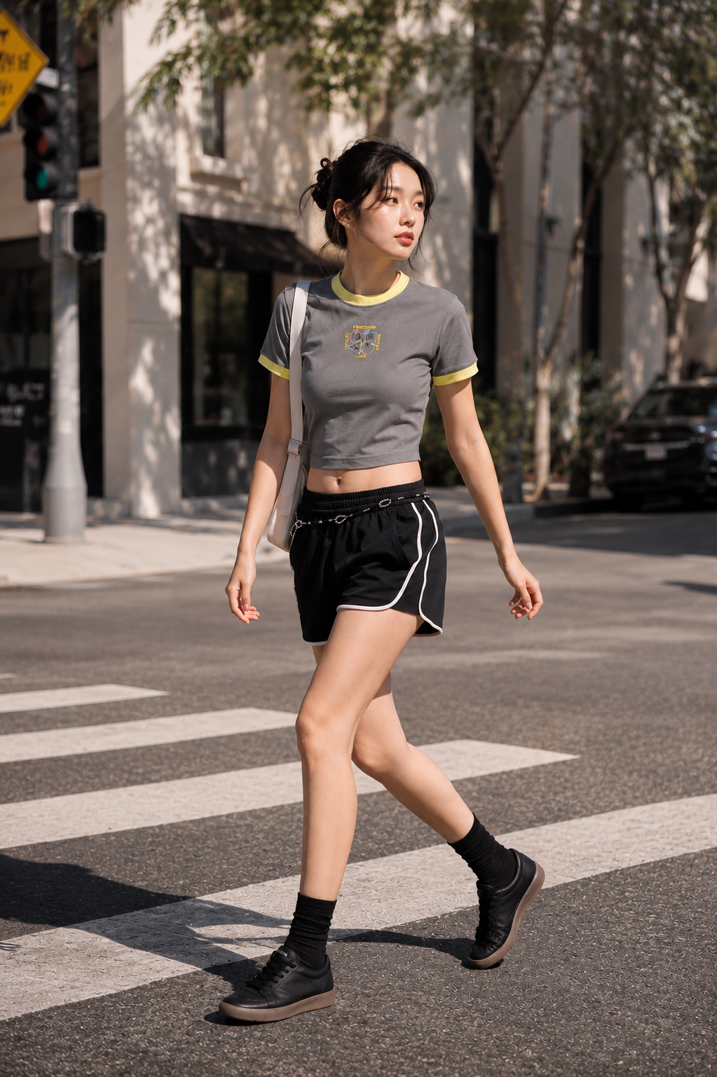 Human Plan Friendship Chest Fitted Crop Tee Grey Yellow