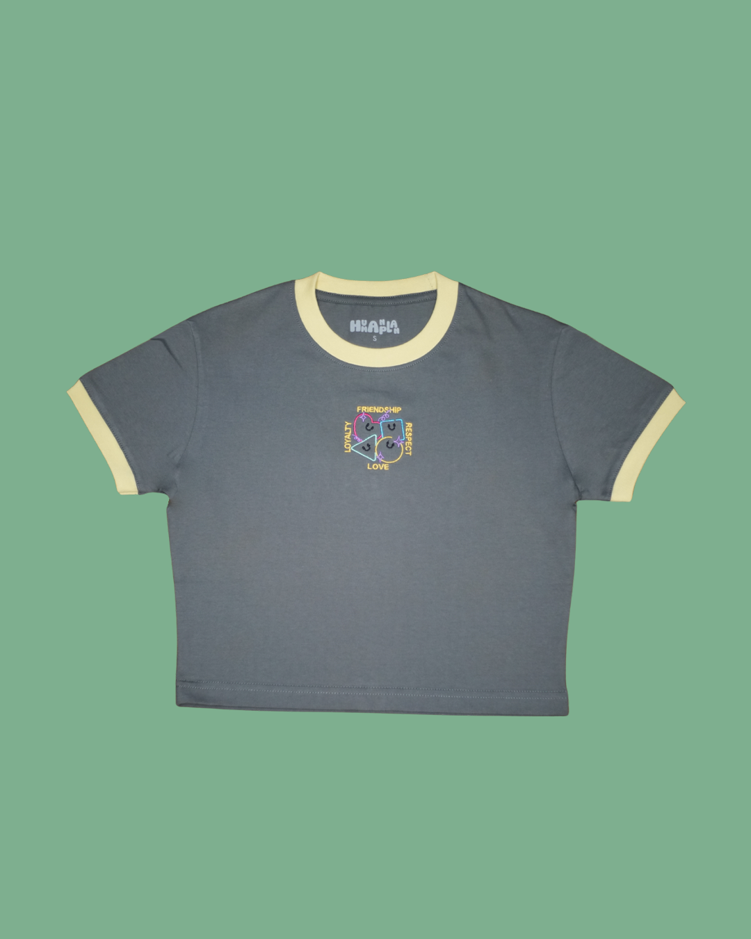 Human Plan Friendship Chest Fitted Crop Tee Grey Yellow